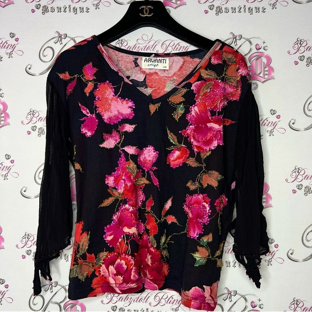 Arvanti scarf sleeve shirt y2k vintage sparkly sequin embroidered shiny floral